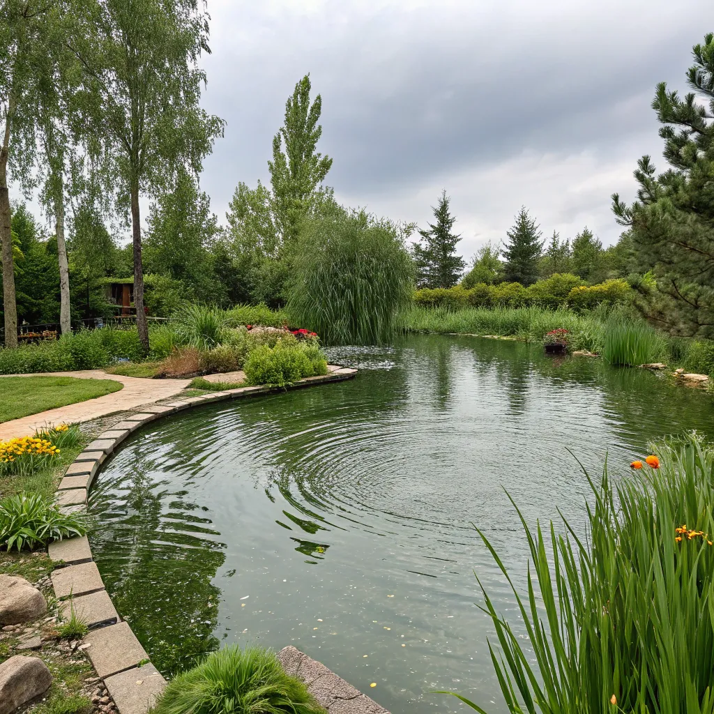 Artistic view of an artificial pond surrounded by greenery