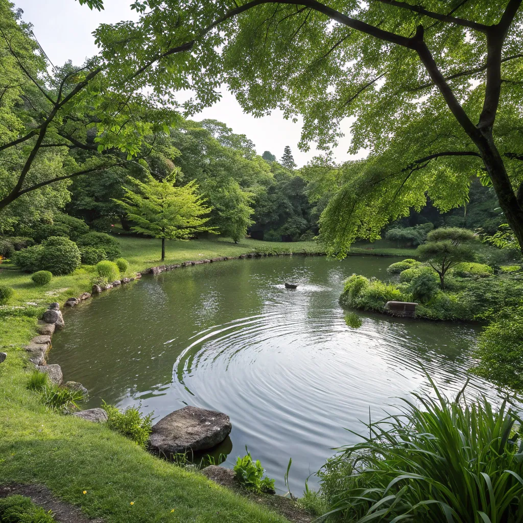 A beautifully crafted artificial pond surrounded by lush greenery
